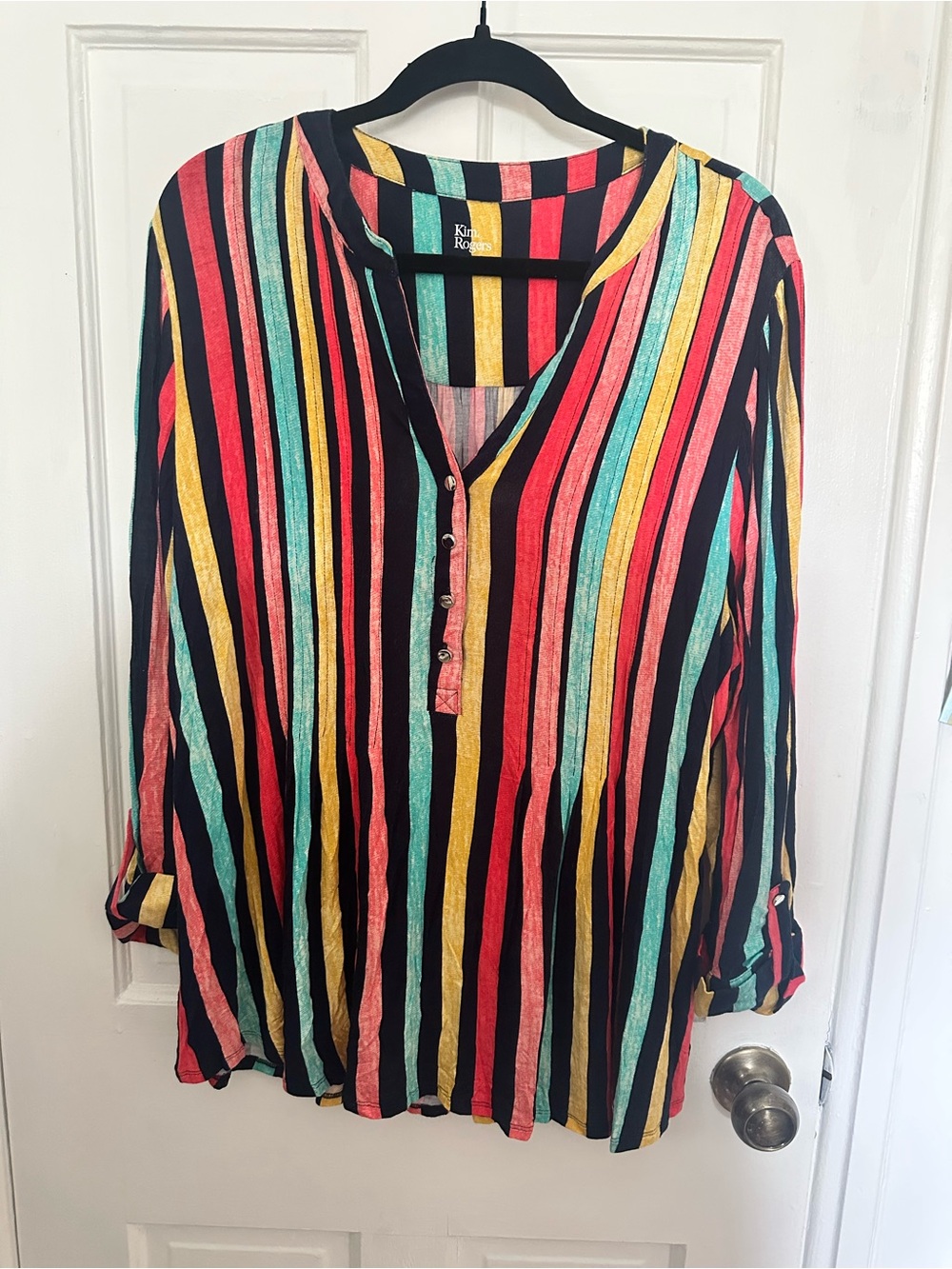 Kim Rogers Multicolor Striped V-Neck Blouse - Black, Size 2X